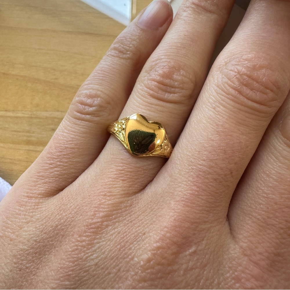 Bracha Gold Heart Floral Signet Ring Adjustable - Picture 5 of 5